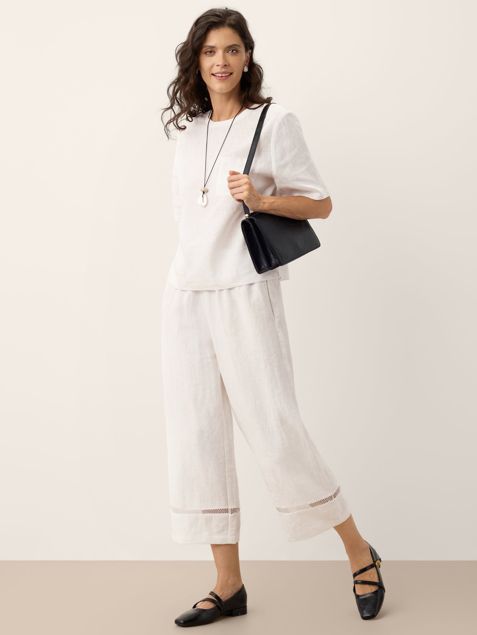 100% Linen Lace Trim Cropped Pants GILLIAN