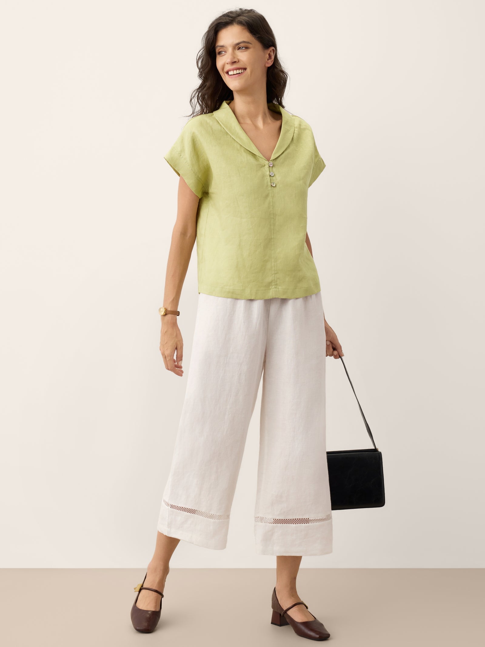 100% Linen Lace Trim Cropped Pants GILLIAN